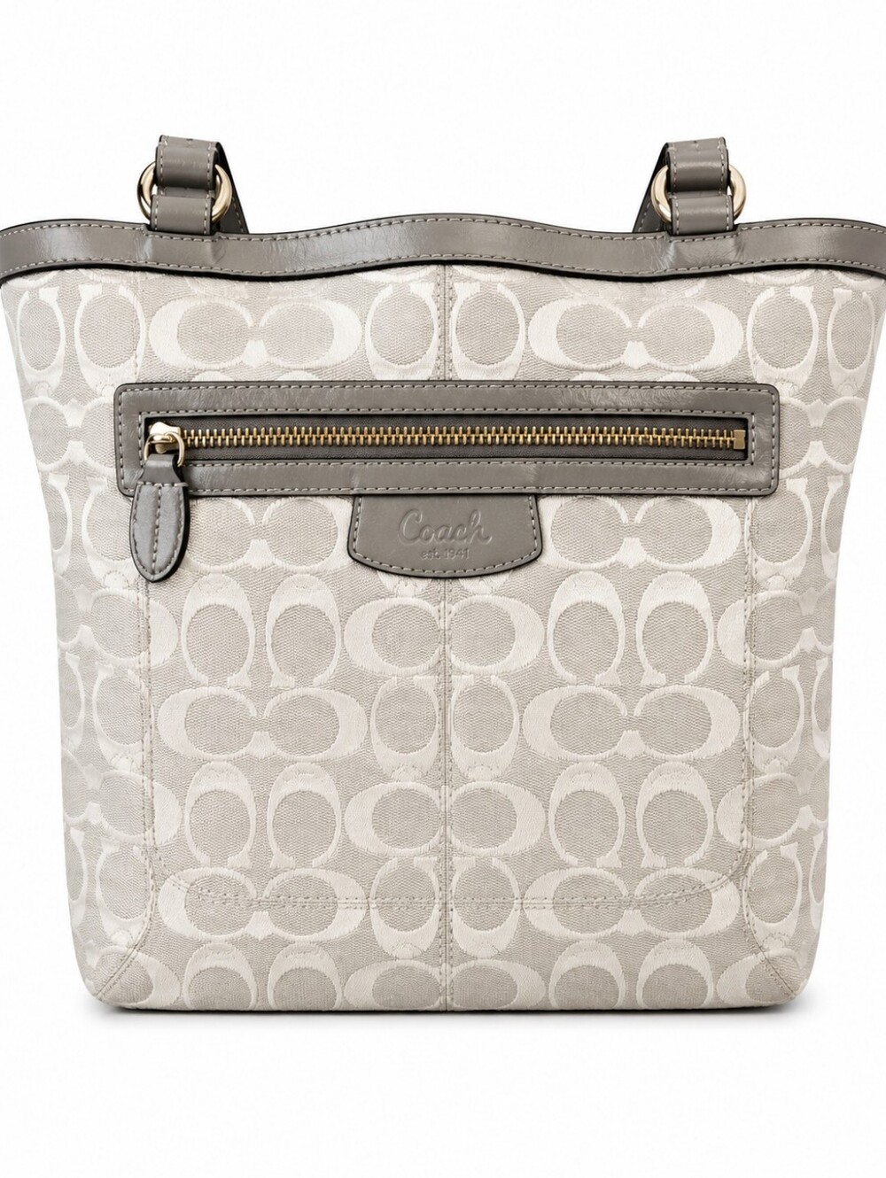 Coach Signature Tote in Light Gray Leather Trim